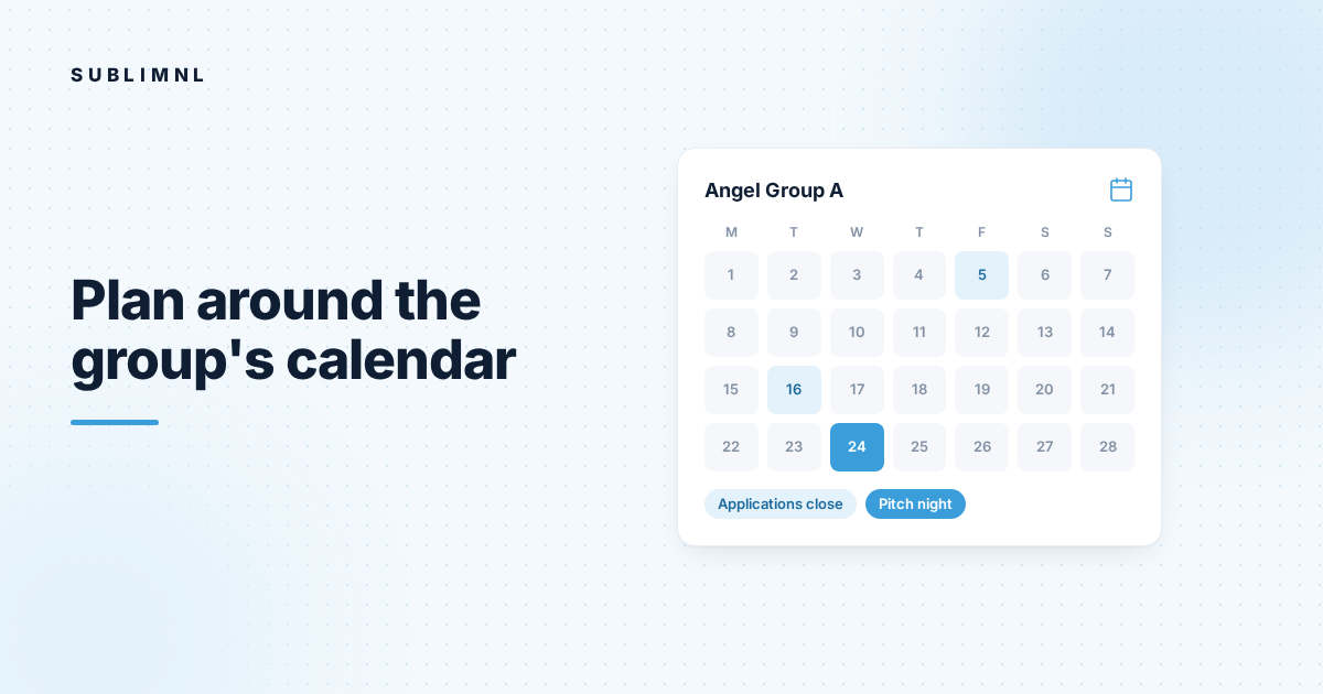 Hero graphic: a month calendar for a fictional Angel Group A with two dates marked and the pitch night highlighted, plus tags for Applications close and Pitch night.