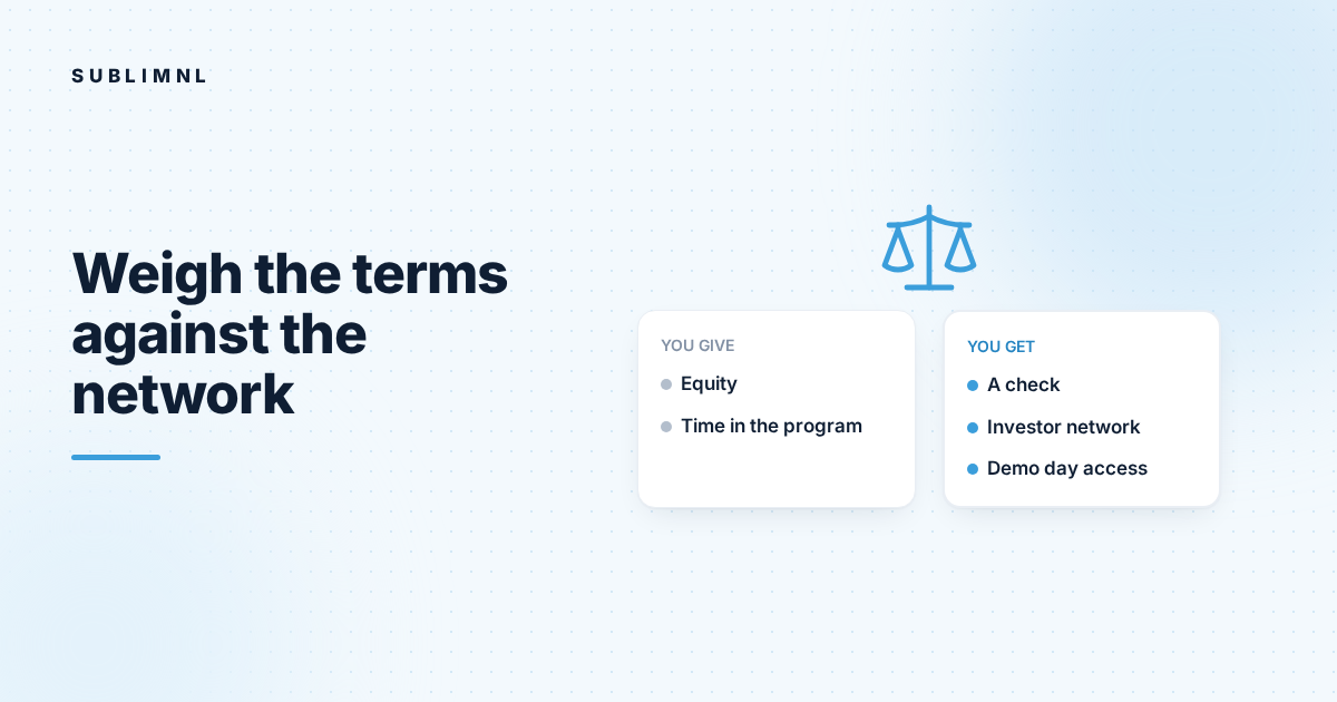 Hero graphic: a balance scale over two cards: you give equity and time in the program; you get a check, an investor network and demo day access.
