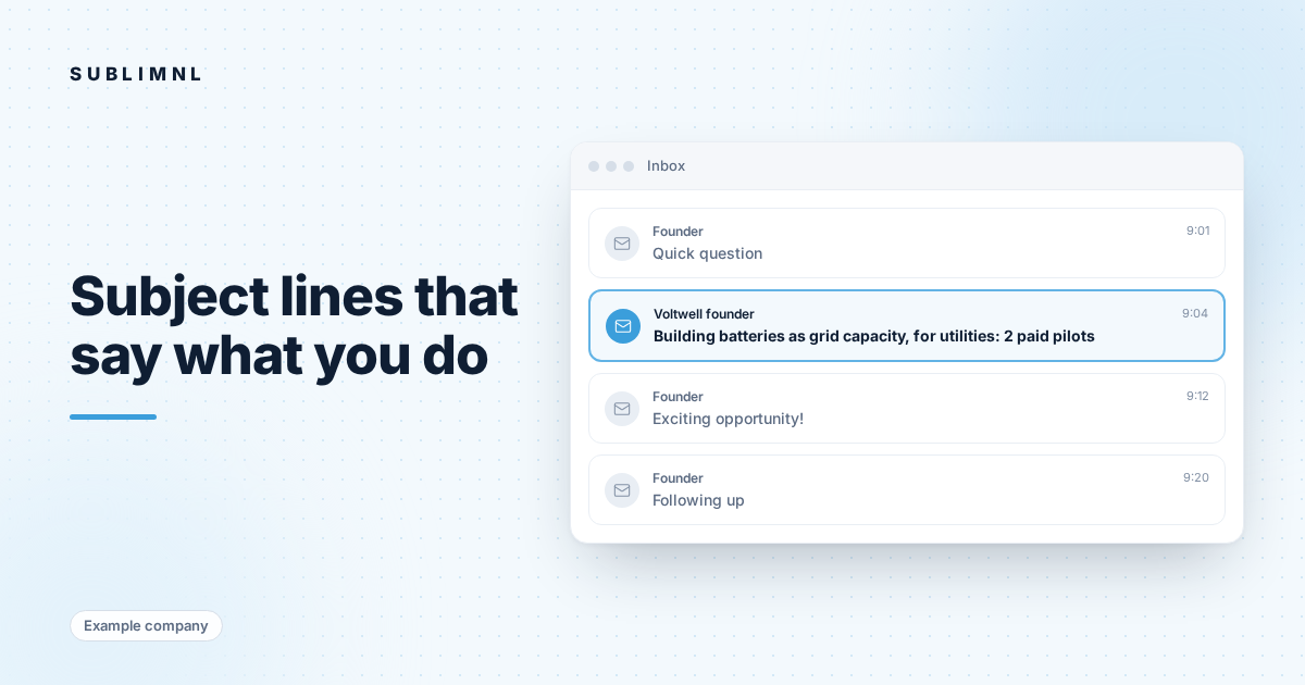 Hero graphic: an inbox where vague subjects (Quick question, Exciting opportunity!, Following up) surround one highlighted clear subject: "Building batteries as grid capacity, for utilities: 2 paid pilots". Tagged as an example company.