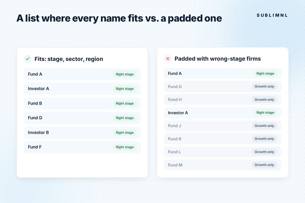 Two lists compared: one where every investor fits stage, sector and region, each tagged Right stage, and a padded list where most firms are tagged Growth only.