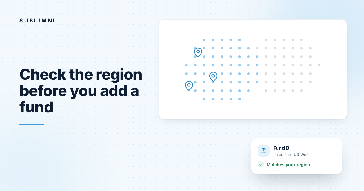 Hero graphic: a dotted map with three location pins and a card for Fund B, "Invests in: US West", marked as matching your region.