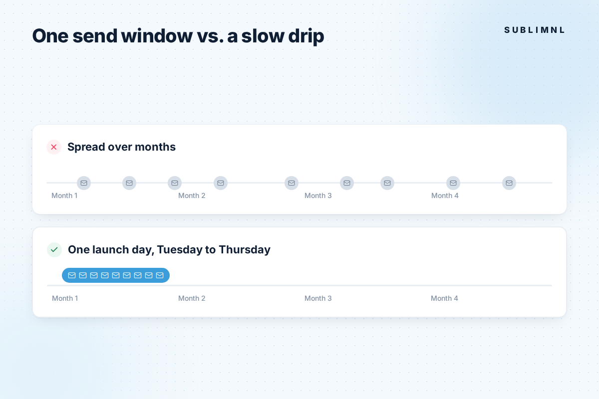 Two timelines over four months: one has emails scattered across the months (marked with an X); the other sends every email together on one launch day, Tuesday to Thursday (checked).