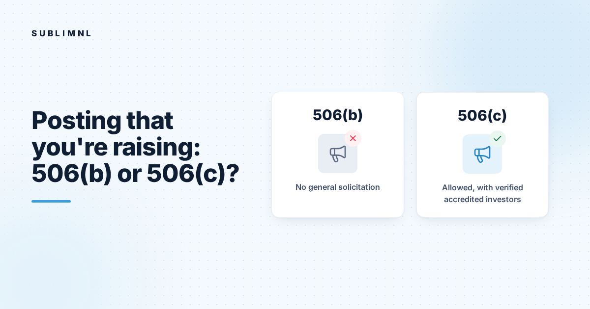 Hero graphic: two cards with megaphone icons: 506(b) with a cross for no general solicitation, and 506(c) with a check for allowed with verified accredited investors.