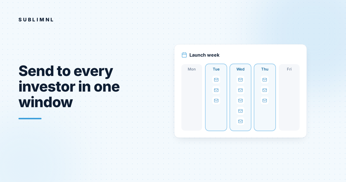 Hero graphic: a launch-week calendar with Tuesday, Wednesday and Thursday highlighted and stacked email icons on those days only.